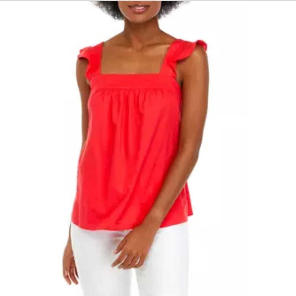 NWT Crown & Ivy Ruffle Sleeveless Top Square Neckline Linen Blend Red Size XXL